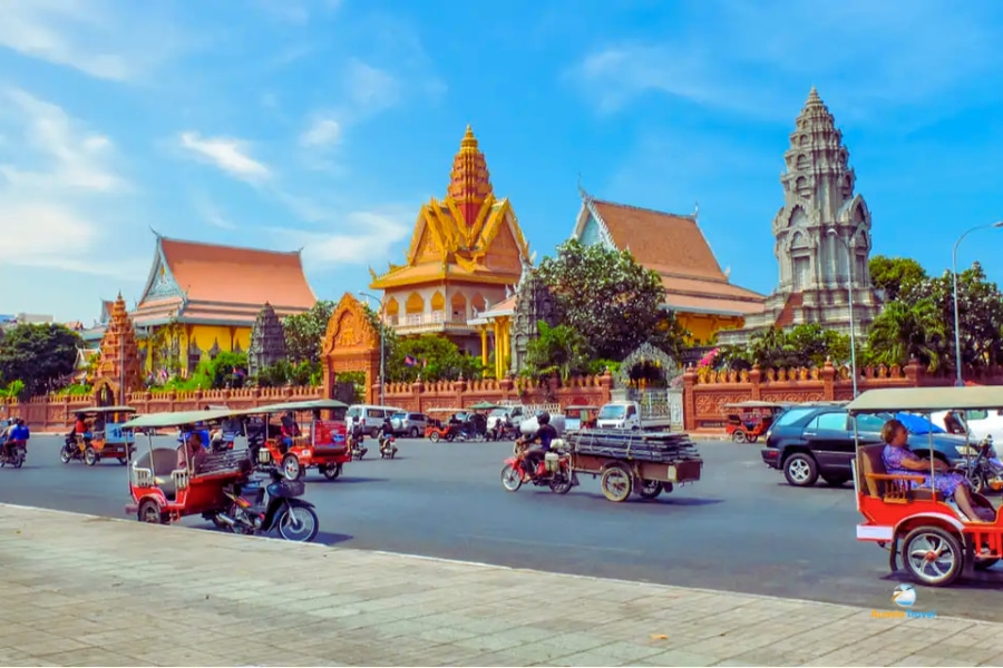 Street view with tuk tuks near temple in Phnom Penh Cambodia – Auasia Travel
